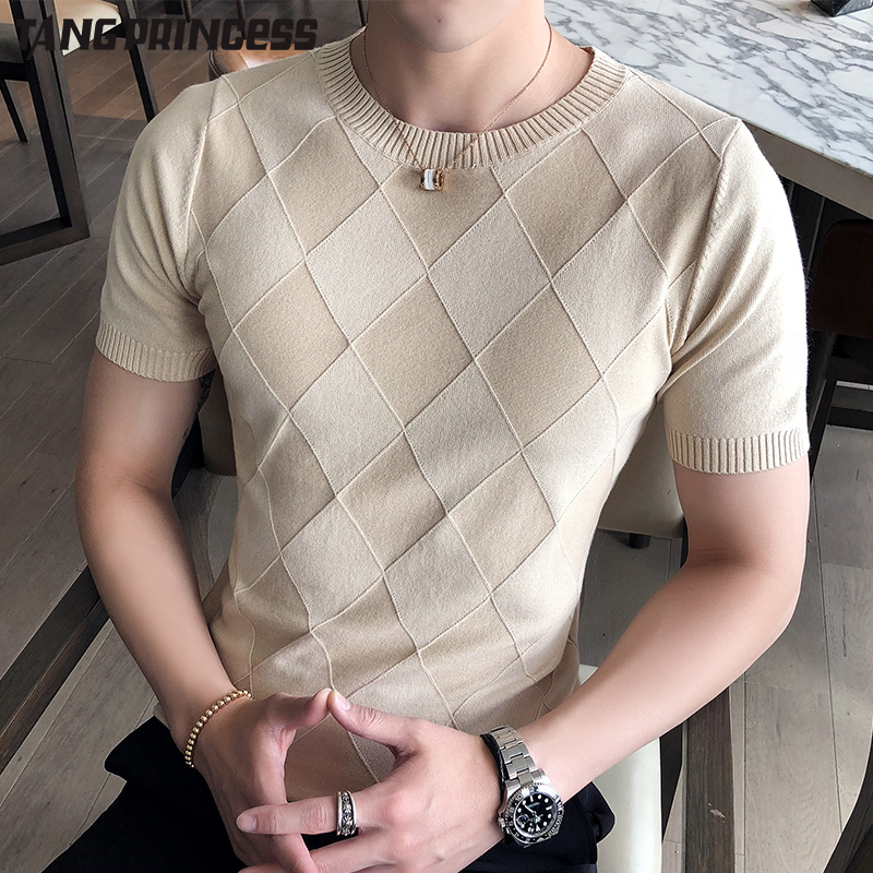 Dệt kim nam ngắn tay của băng lụa mùa hè cơ thể mỏng t-shirt kim cương có hình dạng kim cương nửa tay áo đáy Hàn Quốc áo len t-shirt