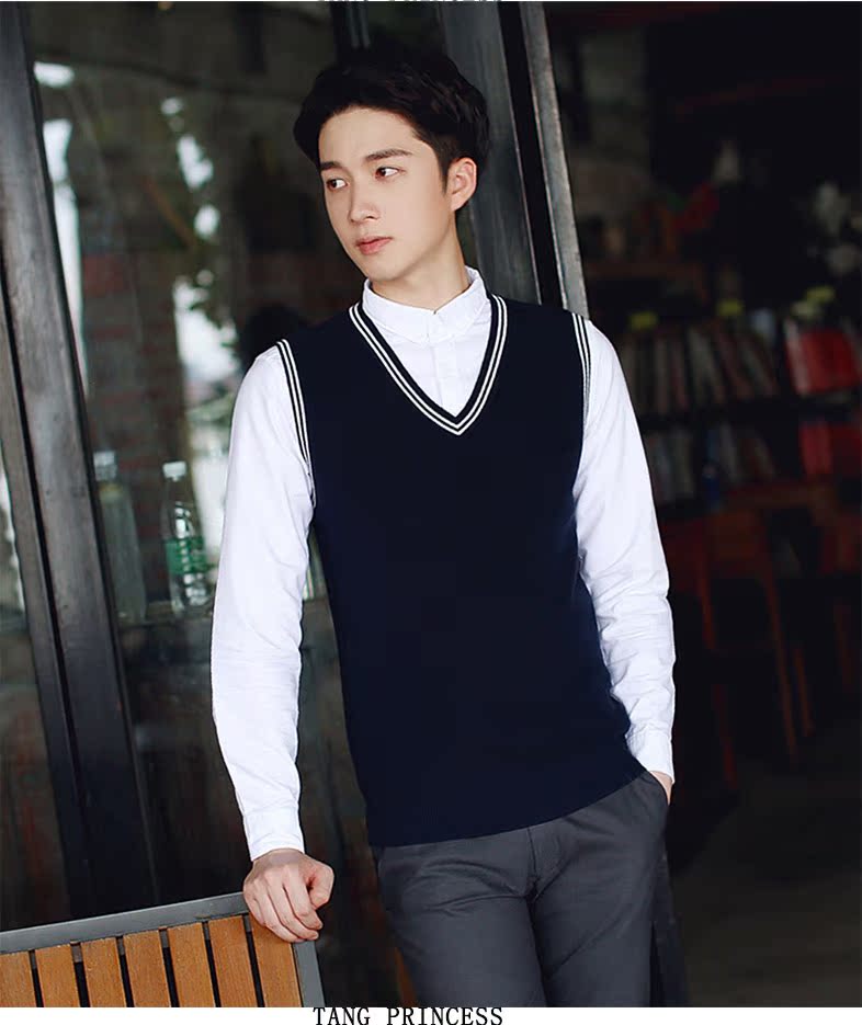 Vest nam mùa thu đan áo len vest nam thủy triều Slim len ấm áp không tay v-cổ vest vest cỡ lớn áo khoác nam giả vest