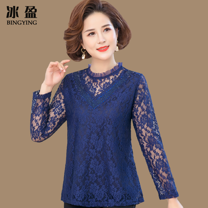 Middle Aged Mother Spring Clothing T-shirt 2022 New Middle Aged Lady Spring Autumn Long Sleeves Inner Lap Clothes 40 Year Old 50 Lace Blouse