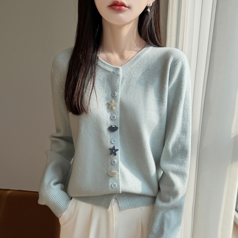 Starfish Shell Button Round Neck Slimming Knit Cardigan for Women 2026 Spring New Korean Style Loose Sweater Coat
