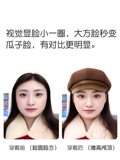 British Razt Octagonal Hat for Square and Round Faces, Makes the Face Look Smaller, Large Head Circumference, Pu Leather, Retro Beret for Women, Autumn and Winter, Small Head Circumference