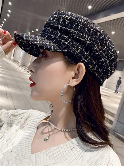 Hong Kong Bng Hat for Women, Korean Style Autumn and Winter Japanese Style Chanel-Style Beret, Octagonal Hat, Versatile British Retro Military Hat