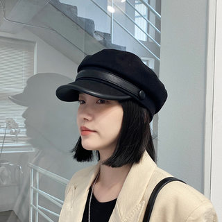 Hong Kong Bng Hat Beret for Women, Black, 2024 New Autumn and Winter Retro Style, Large Head Circumference, Small Head Duckbill Octagonal Hat