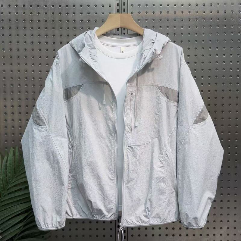 Summer Mesh Perforated Sun Protection Jacket for Men, Trendy Brand, Cool and Stylish, Hooded Thin Jacket with Patchwork Sun Protection