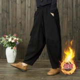 Ретро утепленные штаны, фонарь, свободный крой, из хлопка и льна