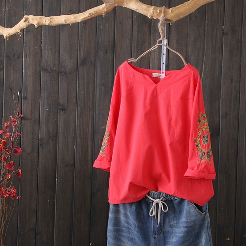 袖香 Весенняя базовая приятная телу футболка, 2018, свободный крой, с вышивкой