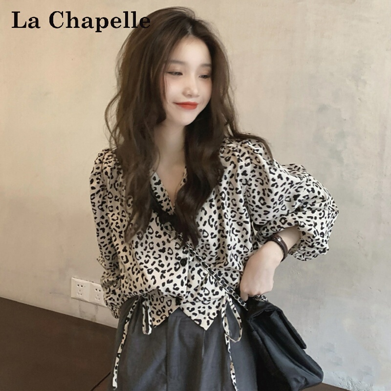 La Chapelle French V-Neck Retro Leopard Print Shirt for Women, Spring and Summer Korean Style Design, Tie-Up Shirt, Short Top