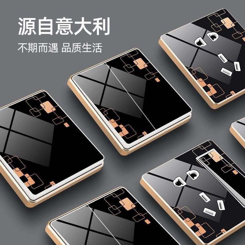 Bull 86 Type Crystal Switch Socket Black Panel Open Skew 5 Five Holes Double Cut with USB Home