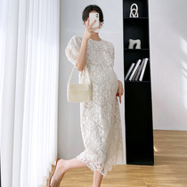 Pregnant Woman Summer Clothing Hollowed-out Lace Dress Skirt Dresses Summer Thin Bubble Sleeves Long Dress Temperament Summer Advanced Sensation Wave
