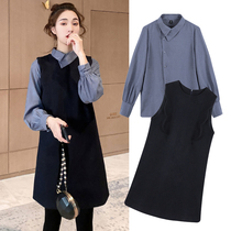 Pregnant Woman Spring Dress Shirt Braces Dress Suit Spring Autumn New Collar Blouse Women Out Fashion Models Two Sets