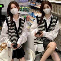 Pregnant women autumn shirt dress set Spring and Autumn New Fashion Net red out striped vest top two-piece set