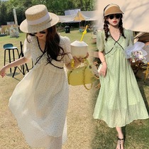 Pregnant Woman Summer Clothing Polo Dot Snow Spinning Dress Skirt Dresses Summer Thinned V Collar Long Skirt Lotus Leaf Side Summer Big Code Tide Moms