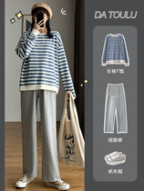 Pregnant women autumn casual set Spring and Autumn New Fashion Net red striped top female gray wide leg pants two-piece set