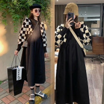 Pregnant Woman Spring Dress Plaid Knitted One-piece Dress Suit Spring Autumn New Sweater Jacket Outside Fashion style Two sets