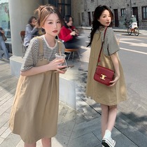 Pregnant Woman Summer Clothing Braces dress suit Summer thin Casual Short Sleeve Striped T-shirt With Long two Sets Tide