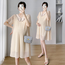 Pregnant Woman Summer Dress 100 Plexen Snowspun Cotton Spinning Dress Skirt Summer Thin V collar Fashion easing Little Medium Long Tide