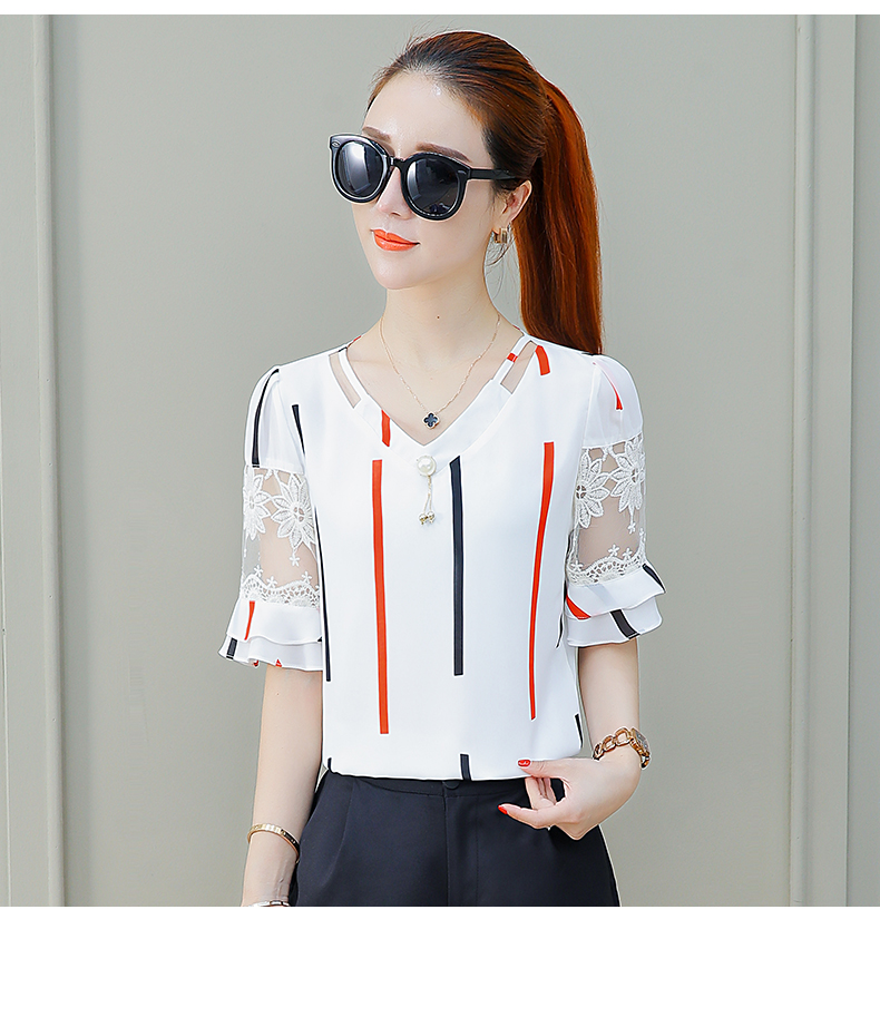Đầm voan cổ chữ V 2018 hè mới Hàn Quốc của nữ Đầm suông họa tiết cánh sen mỏng tay áo ren ngắn tay áo kiểu công sở đẹp
