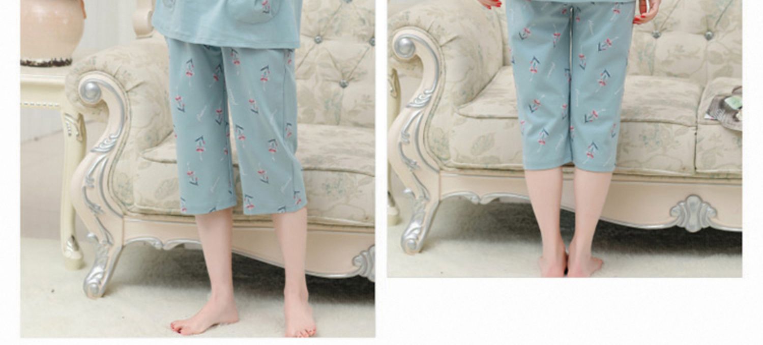 Bộ đồ ngủ nữ mùa hè ngắn tay trung niên cỡ lớn Quần cắt cúp Đặt bông mùa hè Trung niên Mẹ dịch vụ tại nhà - Bộ Pajama đồ bộ vải đũi