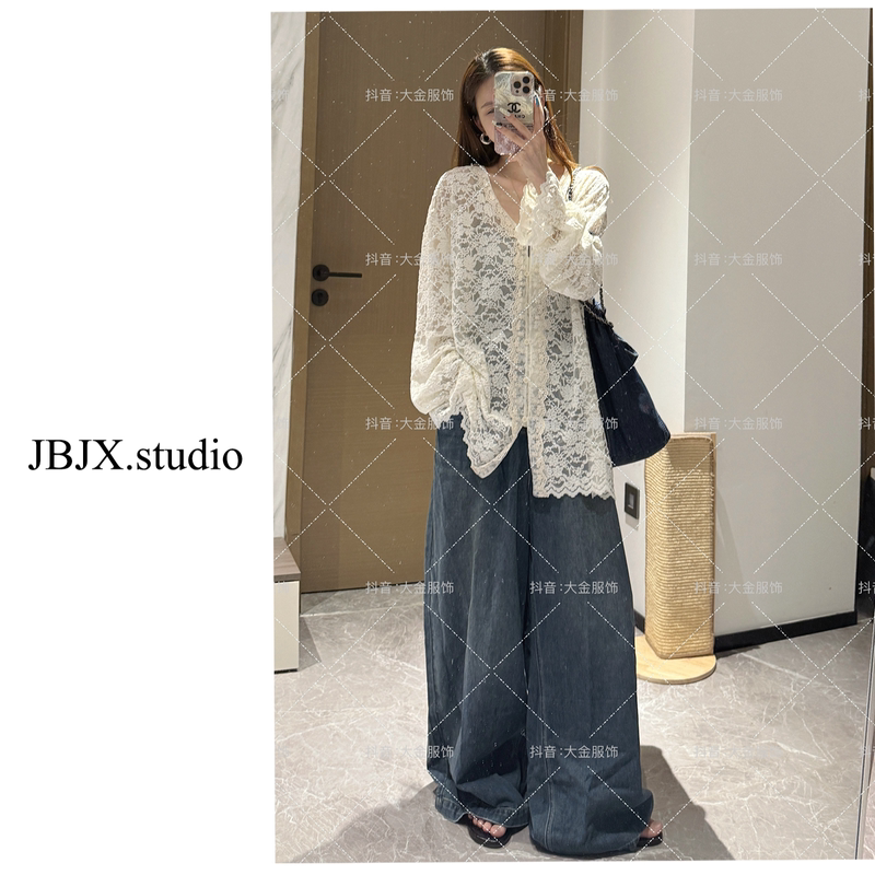 Jbjx【Denim Project Retro Blue Lazy Wide-Leg Pants】Wide-Leg Denim with a High-Waisted Loose Design