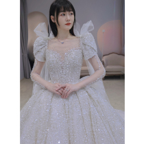 Long sleeve main wedding bride 2021 new big tailing court style female shoulder autumn and winter French heavy industry Net Red