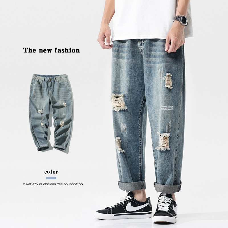 Mùa hè quần jeans rách mỏng nam thẳng giảm béo nam hợp thời trang cộng với chất béo cộng với size quần ống rộng 9 điểm - Quần jean