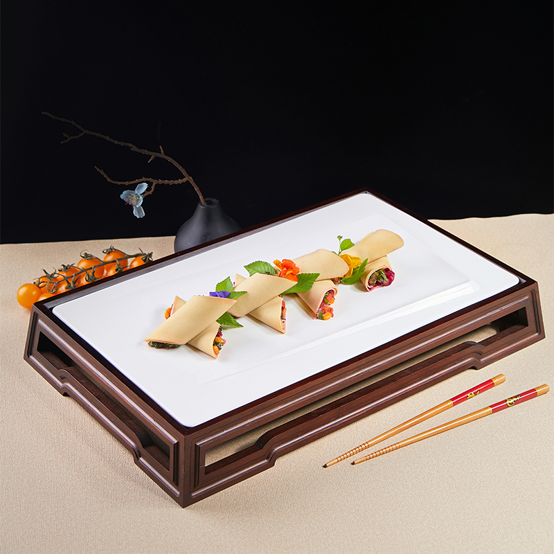 Hotel Artistic Dishware, High-End Restaurant and Club New Chinese-Style Retro Bamboo and Ceramic Platter Set, Specialty Dish Plates