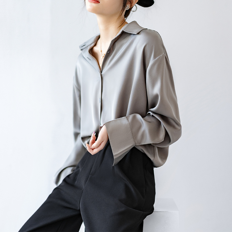 Satin Drape Smoky Gray Lapel Shirt for Women 2026 Spring New Style Professional Workwear Hong Kong Style Formal Long-Sleeved Shirt