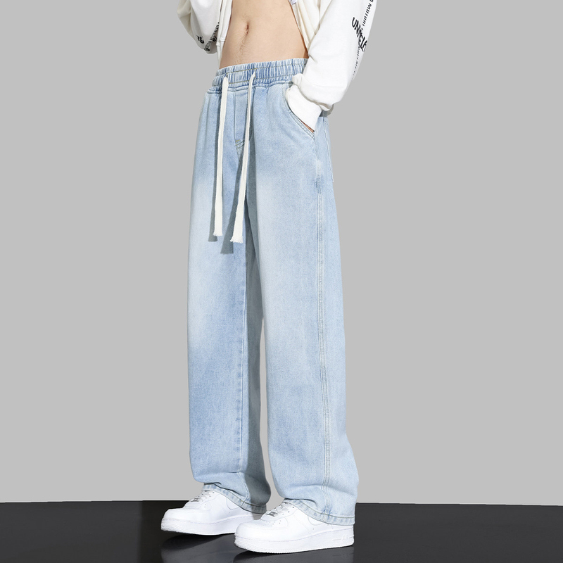 Woodpecker Light Blue Jeans for Men, Summer Elastic Waist Straight-Leg 2026 Loose Fit Youth Boys Wide-Leg Pants