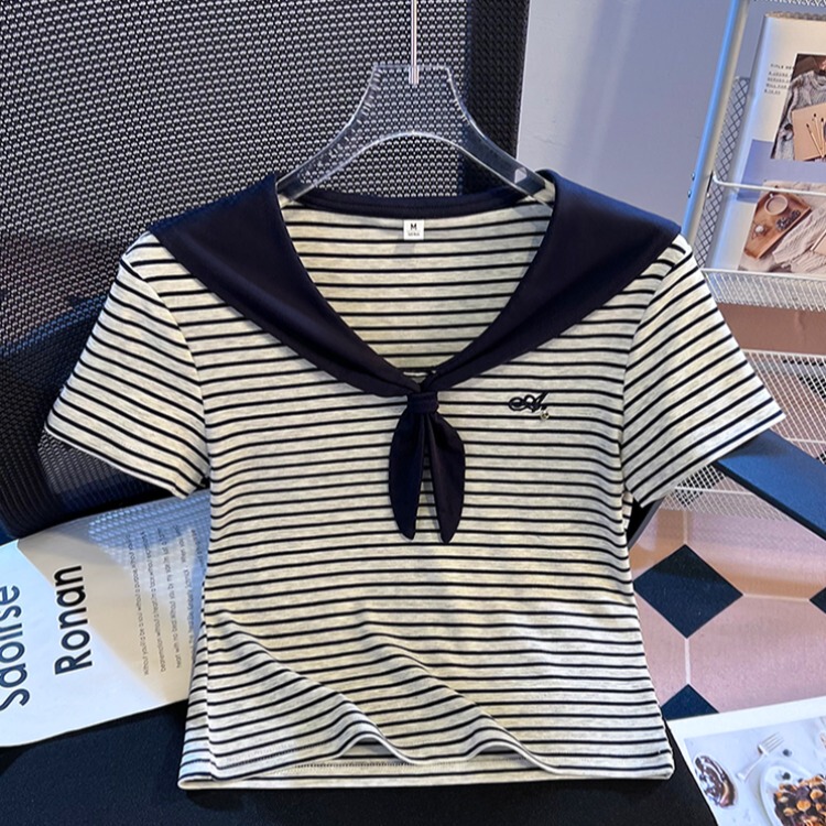 Color-Block Striped Sailor Collar Short-Sleeve T-Shirt for Women, Summer 2026 New Style, Regular Shoulder, Slim Fit, Short Length, Trendy and Age-Reducing Top