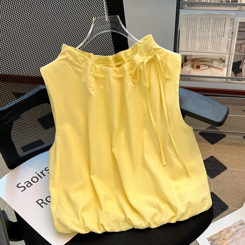 Recommended for Personal Collection~ Stylish Drawstring Tie Sleeveless Shirt for Women, Unique Summer Outerwear with Pleated Bubble Top