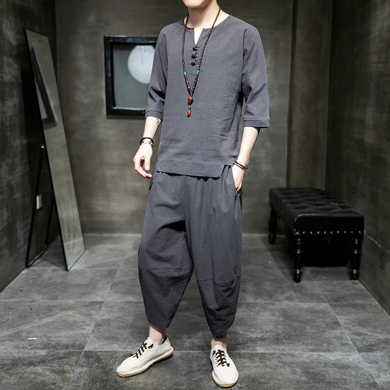 Men's Chinese-Style Retro Cotton and Linen Two-Piece Set, Summer Loose Fit, Large Size, National Style, Trendy, Versatile, Casual Tang Suit Set Men's Chinese-Style Retro Cotton and Linen Two-Piece Set, Summer Loose Fit, Large Size, National Style, Trendy, Versatile, Casual Tang Suit Set