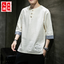 Summer cotton and hemp short-sleeved T-shirt mens Chinese style Hanfu Linen half sleeve casual loose retro Chinese large size Tang dress