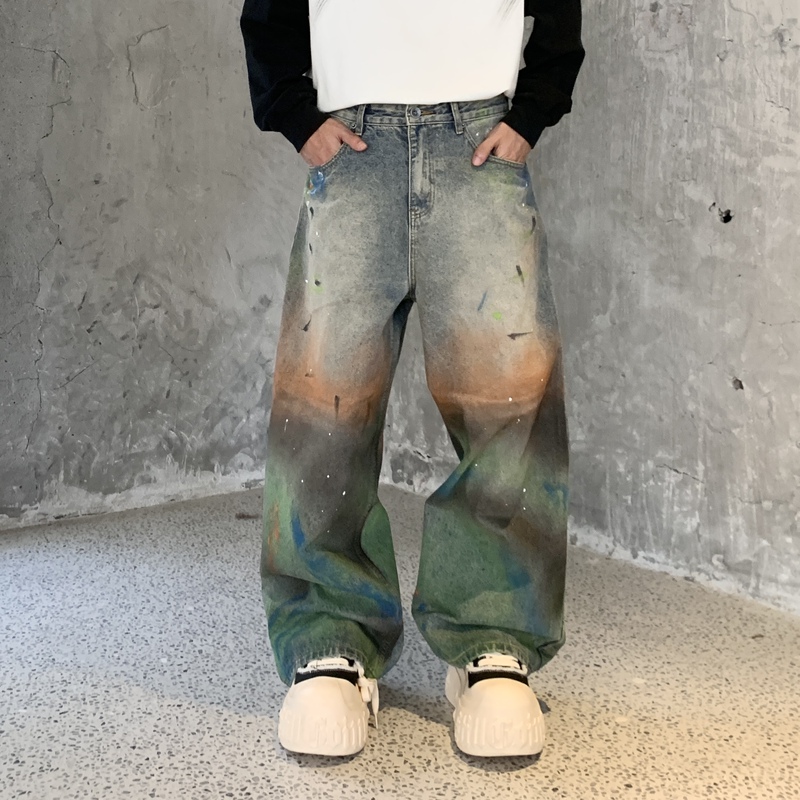 Muge Early Autumn American Style Trendy Brand Gradient Faded Jeans for Men High Street Colorful Graffiti Loose Wide-Leg Pants