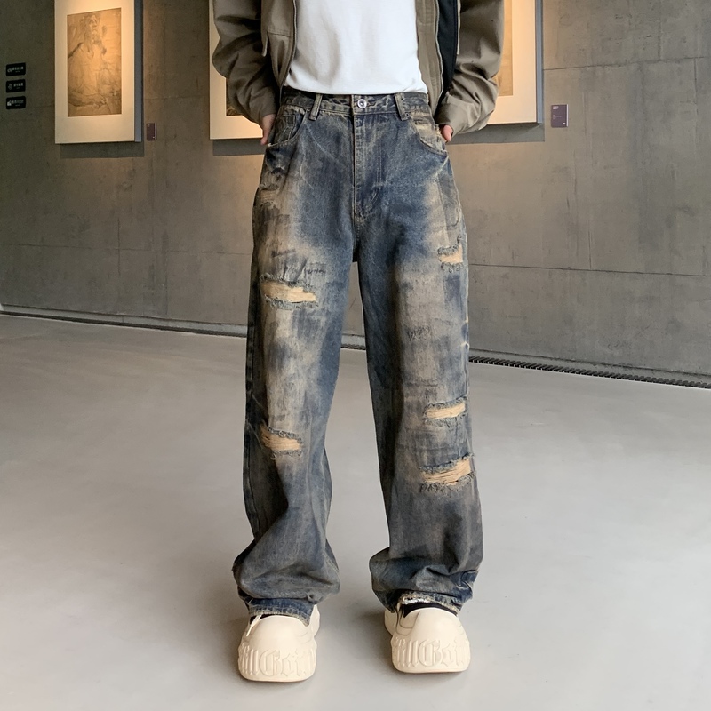 Muge American High Street Distressed Ripped Jeans for Men and Women, Early Autumn Trendy Brand Straight-Leg Cool Wide-Leg Pants
