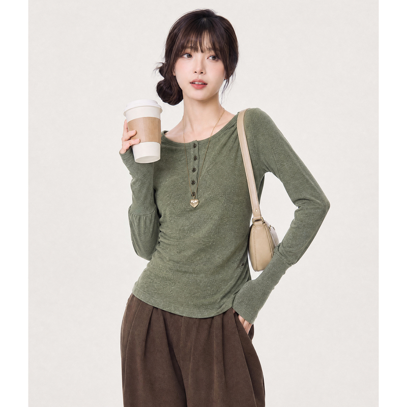 Sandy Cai Henry Collar Korean Style Long-Sleeve T-Shirt for Women, Autumn and Winter Slim-Fit Base Layer Top