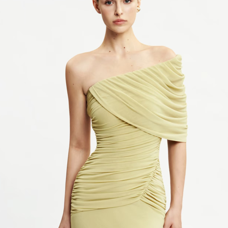 Noble and Elegant Goddess Style Asymmetrical Off-Shoulder Pleated Long Dress in Grapefruit Green/Sage Green, New for Autumn