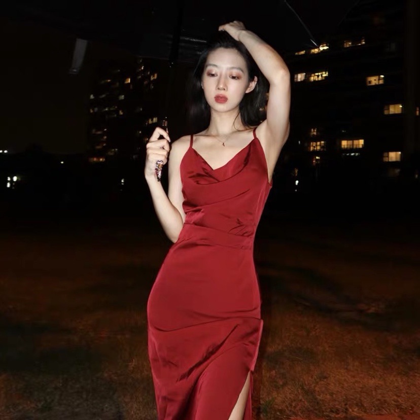 French retro silk satin suspender dress female summer Qingshu Yujie style high waist slim sexy slit long skirt