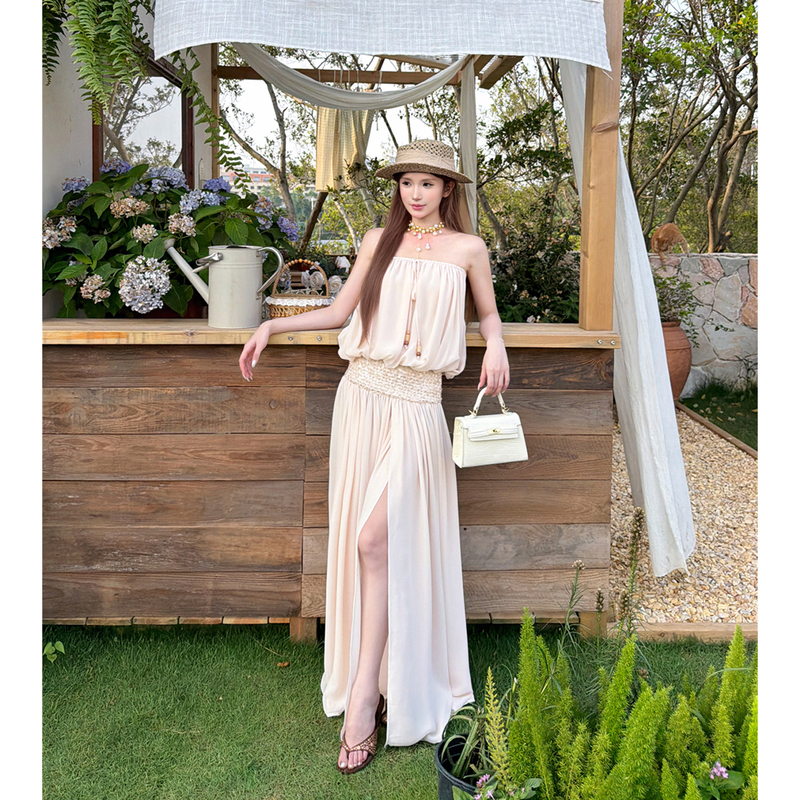 Sunset Dunes Strapless Drawstring Sequin Waist-Cinching Gown Dress with Flared Hem and Elegant Slit Long Skirt Sunset Dunes Strapless Drawstring Sequin Waist-Cinching Gown Dress with Flared Hem and Elegant Slit Long Skirt