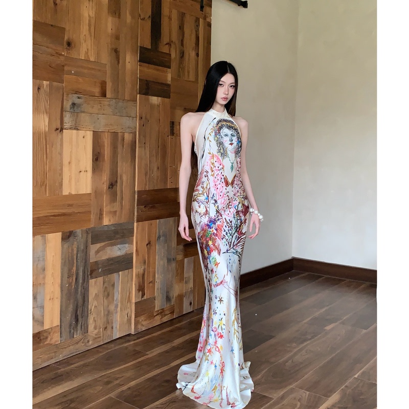 Saidu's Sketchbook Vintage Hand-Painted Print Halter Neck Dress with Tie Backless Long Skirt and Bodycon Mermaid Skirt