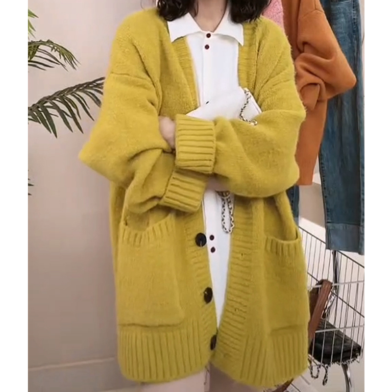 Korean Style Yellow Knit Cardigan for Women 2026 Autumn and Winter New Long-Sleeve Top Mid-Length Loose Lazy Style Sweater