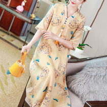 Retro dress Chinese style women Hanfu summer new V-collar tea dress Chinese Zen loose national style long dress