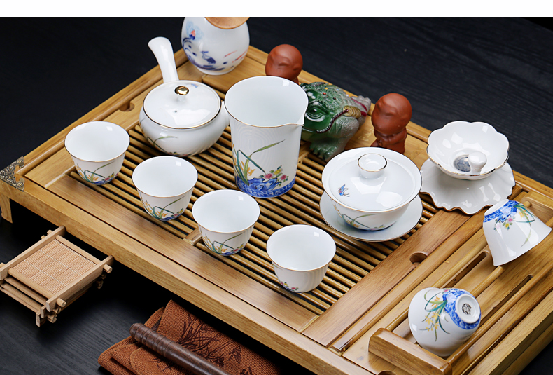 Old &, ceramic purple white porcelain kung fu tea set suits for stand solid wood tea tray was large drainage home tea table