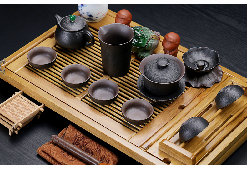 Old &, ceramic purple white porcelain kung fu tea set suits for stand solid wood tea tray was large drainage home tea table