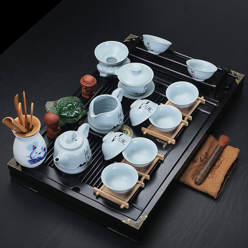 Old elder brother up at the grid violet arenaceous kung fu tea sets, black cup frame buford solid wood tea tray household white porcelain your up the teapot