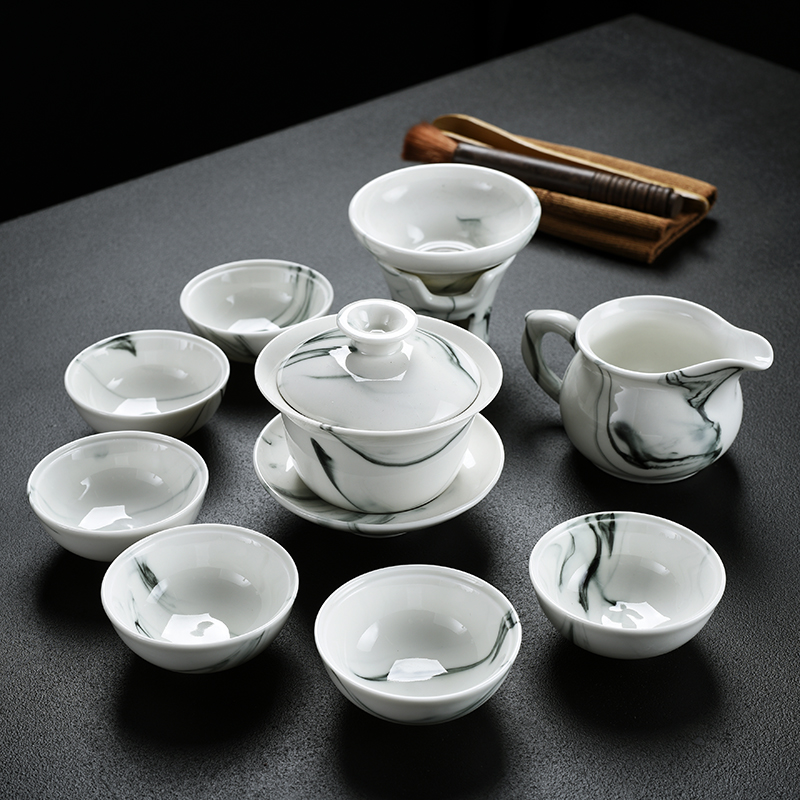 Old &, ink and white porcelain beauty lid bowl of kung fu tea set household ceramic cups GaiWanCha of a complete set of the sea