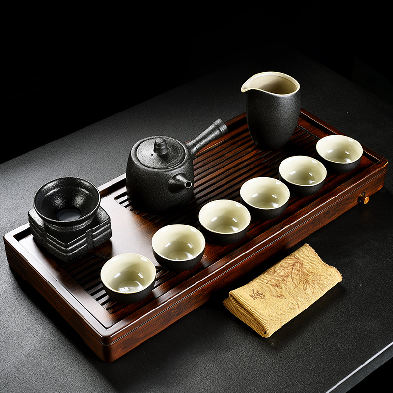 Old &, black pottery ceramic kung fu tea set bamboo sea water tea tray was solid wood tea home side the lid to use