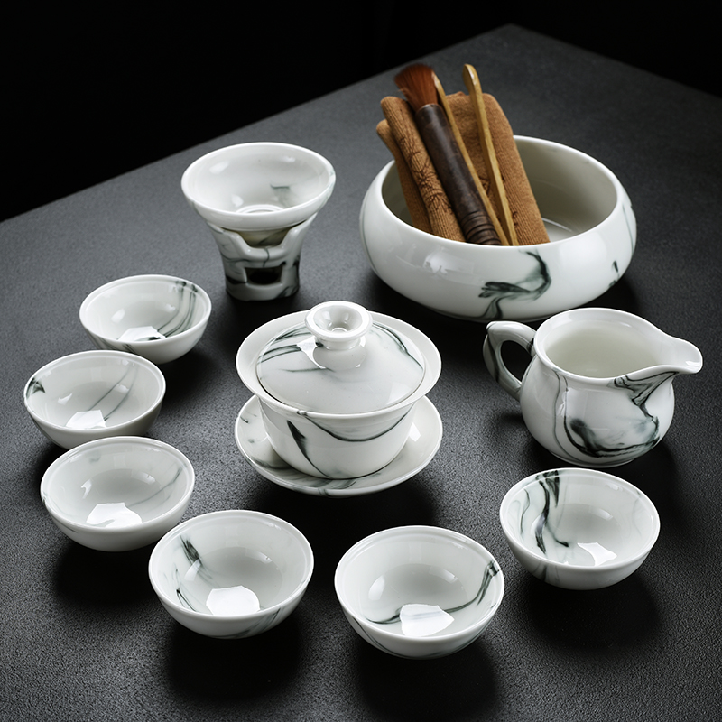 Old &, ink and white porcelain beauty lid bowl of kung fu tea set household ceramic cups GaiWanCha of a complete set of the sea