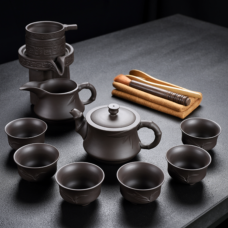 Old household undressed ore at the grid violet arenaceous chorale bamboo kung fu tea set contracted teapot teacup tureen tea of a complete set of device