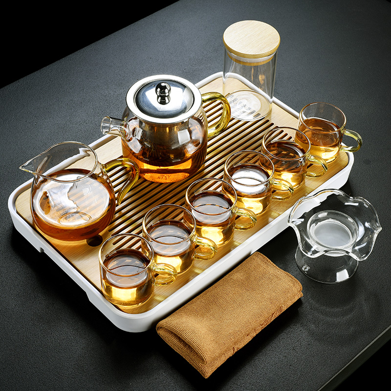 Old kung fu tea set at the grid suit household contracted and I high - temperature thickening glass teapot teacup tea tray type