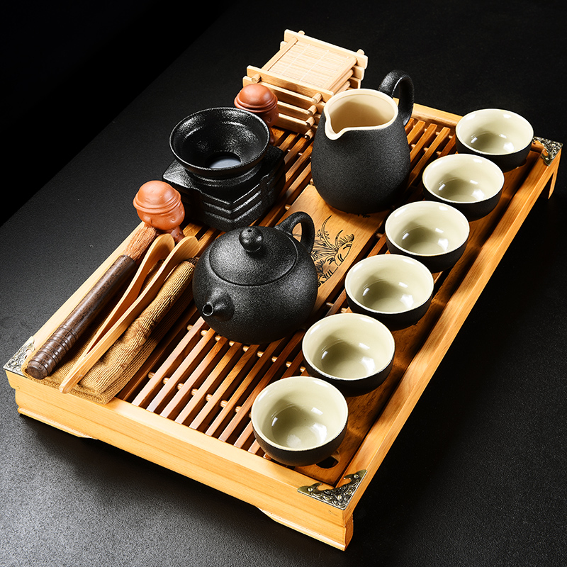 & old, black pottery xi shi teapot teacup ceramic tea set household kung fu real MuZhu tureen tea tray package